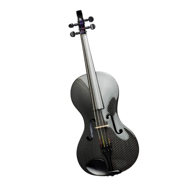 Modern carbon fiber viola with elegant design and four strings on white background