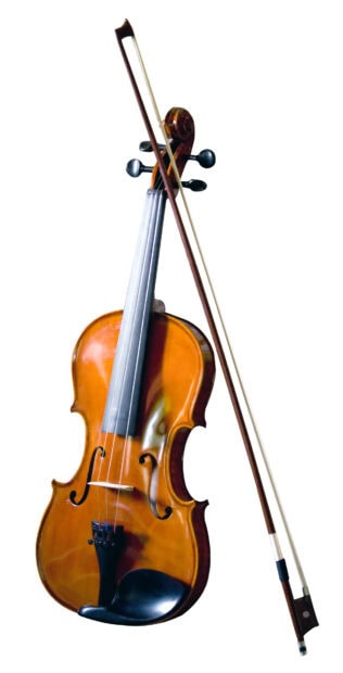 A classic string instrument viola with a wooden bow resting against it on a white background