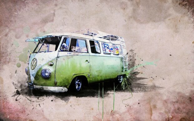 Vintage Volkswagen van with stickers on the windows in artistic style