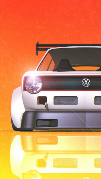 A detailed front view of a Volkswagen car with a prominent headlight and sporty design