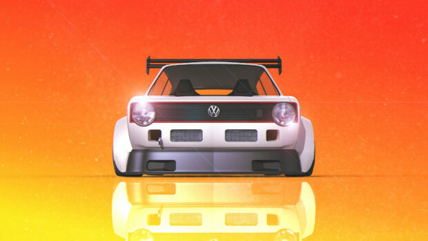 White Volkswagen car with a large rear wing on an orange background