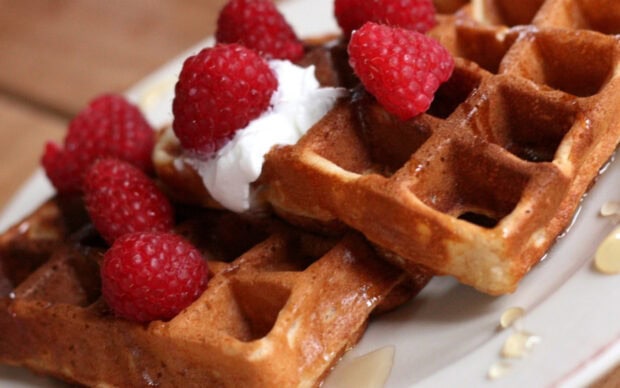 Fresh waffle topped with whipped cream and raspberries on a plate with honey drizzle