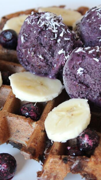Close up of waffle topped with banana slices and blueberry scoop with coconut flakes