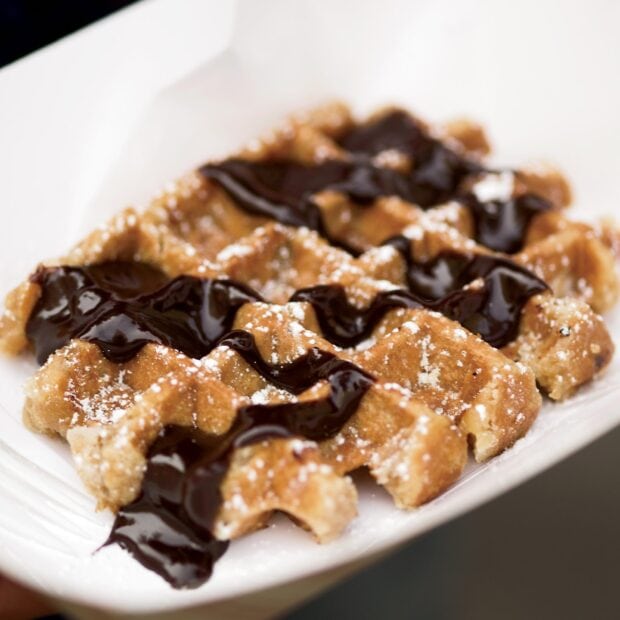 Crispy waffle pieces topped with chocolate sauce and powdered sugar on a white plate