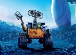 A rusty robot exploring a futuristic wasteland with bright blue skies and scattered debris around