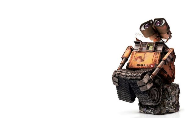 A rusty robot named Wall e standing on crushed metal in a detailed 2K quality rendering