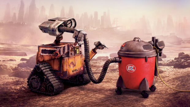 A rusty robot using a vacuum device on a desolate planet landscape with futuristic city ruins in the background