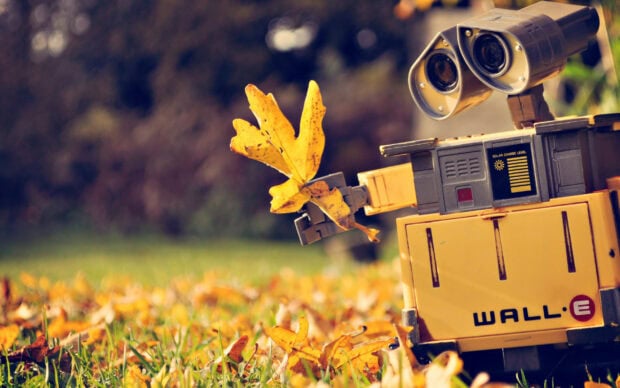 A small robot holding a yellow autumn leaf in a field with scattered leaves