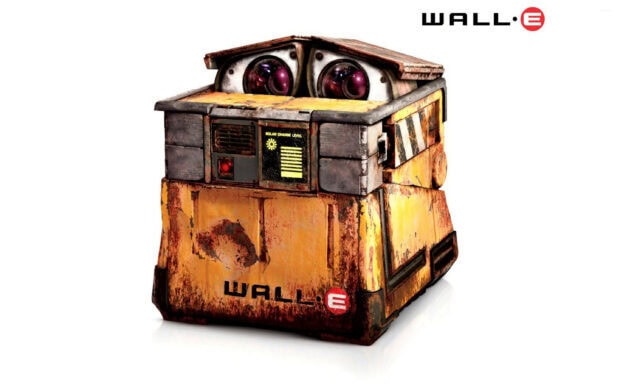 Rusty WALL·E robot with expressive eyes on a white background
