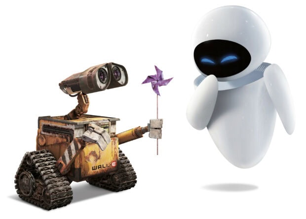 Wall E robot holding a pinwheel and Eve floating nearby in a friendly interaction