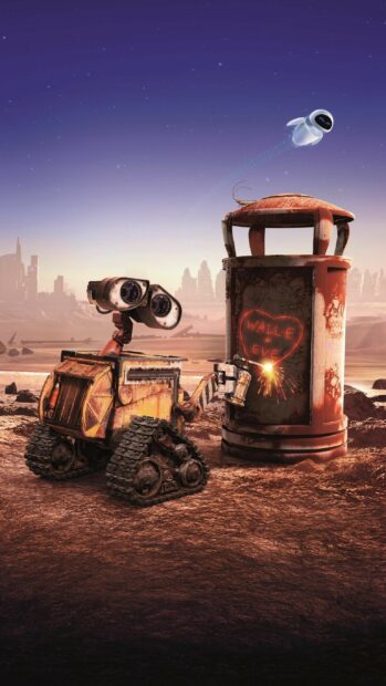 Robot engraving a heart with WALLE and EVE text on rusty surface in desert scene