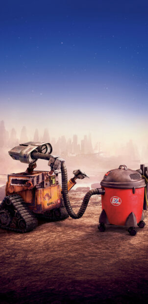 Robot wall e exploring a dusty landscape with a red vacuum cleaner in a futuristic setting