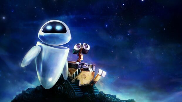 Wall e robot and Eve robot standing on a rock under a starry night sky