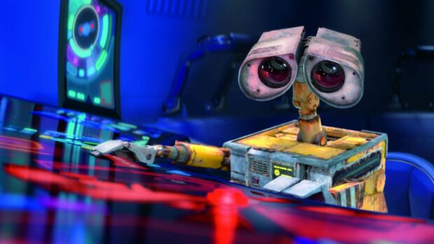Robot character with large eyes working on futuristic control panel in a sci fi setting