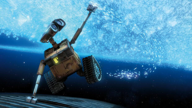Wall e robot exploring space with cosmos swirl and stars around