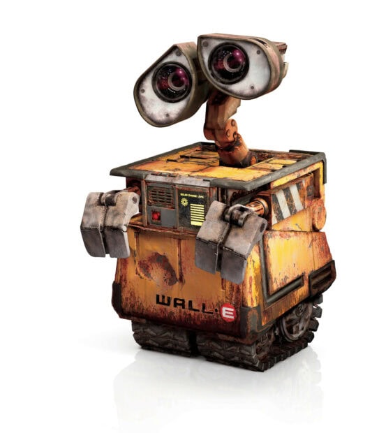 Wall E robot character with expressive eyes and rusty metal body standing on white background