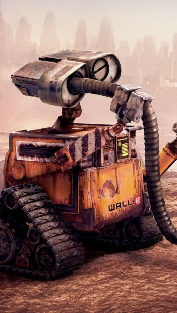 A rusty robot with mechanical arms exploring a barren futuristic landscape