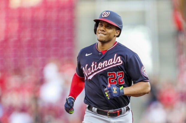 A Washington Nationals player running on the field during a baseball game