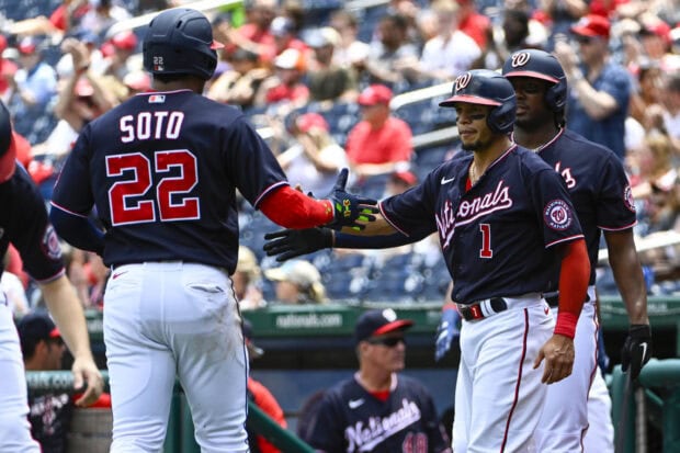 Washington Nationals player Soto celebrating with teammates after scoring a run in a baseball game