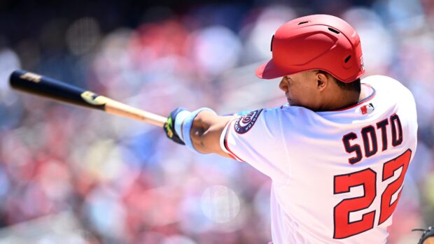Washington Nationals player Soto swinging a bat during a baseball game