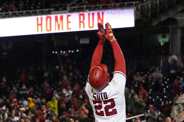 Washington Nationals player Soto celebrating a home run during the baseball game