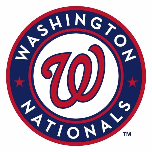 Washington Nationals logo in red and blue circle representing the baseball team Washington Nationals