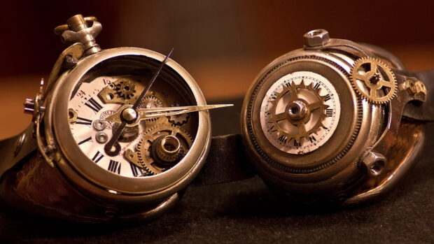 Close up of mechanical watches showing detailed gears and clockwork mechanisms