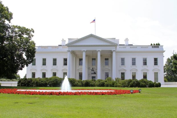 The White House is surrounded by green bushes and a fountain with red flowers in front
