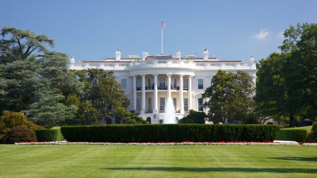 The White House surrounded by green trees and a water fountain in front of the building