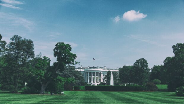 White House surrounded by lush greenery under a bright blue sky