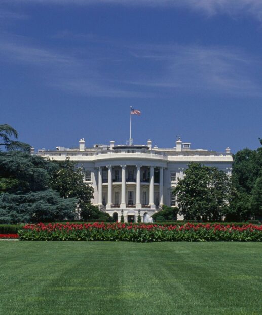 The White House with an American flag surrounded by green trees and red flowers in the foreground