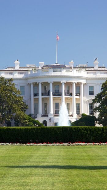 The White House with a flag and fountain surrounded by greenery on a clear day