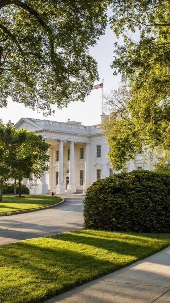 The iconic White House surrounded by lush green trees and a clear sky in spring