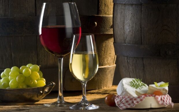 Red and white wineglasses on wooden table with grapes and cheese in rustic setting