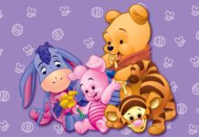Winnie and friends Eeyore Piglet and Tigger from Winnie The Pooh playing together on a purple background