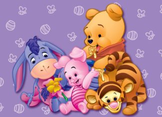 Winnie and friends Eeyore Piglet and Tigger from Winnie The Pooh playing together on a purple background