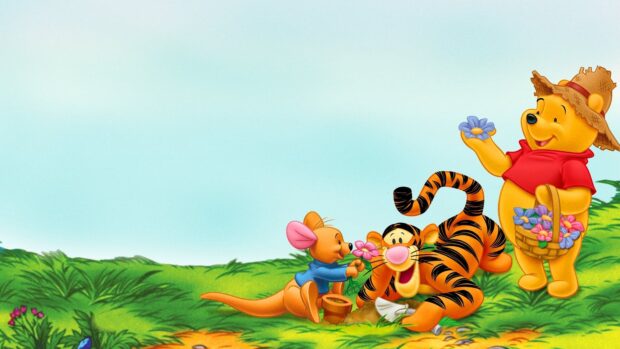 Winnie The Pooh and friends planting flowers in a garden scene with Winnie The Pooh wearing a hat