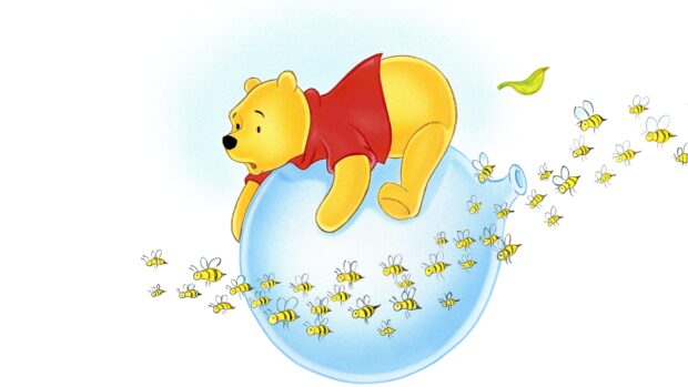 Winnie the Pooh crawling on a large blue honey pot surrounded by bees