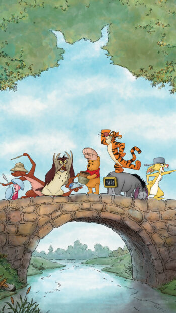 Winnie The Pooh and friends standing on a stone bridge over a river in a peaceful forest scene