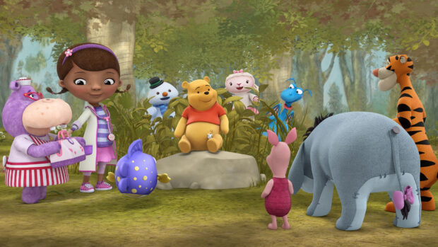 Winnie The Pooh and friends gathered in the forest with a girl wearing a doctor coat