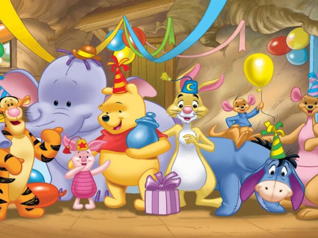 Winnie The Pooh and his friends celebrate a party with colorful balloons and gifts in a lively scene