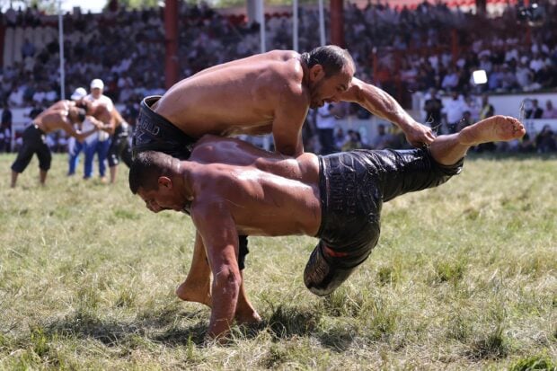 Two wrestlers competing intensely on grass during a traditional wrestling match