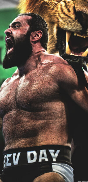 Muscular wrestling fighter showing anger with fierce animal roaring behind