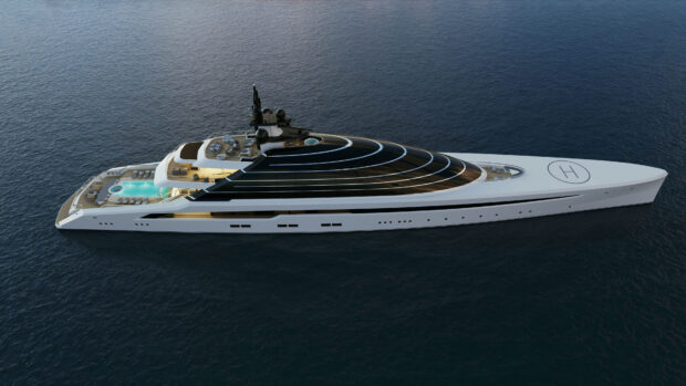 A luxury yacht sailing on calm ocean waters with an elegant modern design