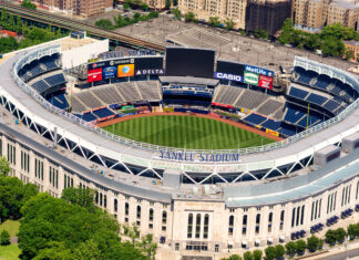 Aerial view of Yankee Stadium showcasing the baseball field and seating areas in New York City