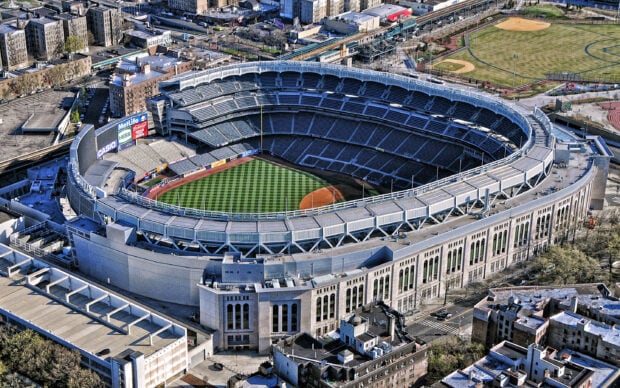 Aerial view of Yankee Stadium showing the baseball field and surrounding urban area at Yankee Stadium