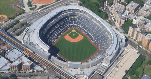 Aerial view of Yankee Stadium baseball field and surrounding cityscape