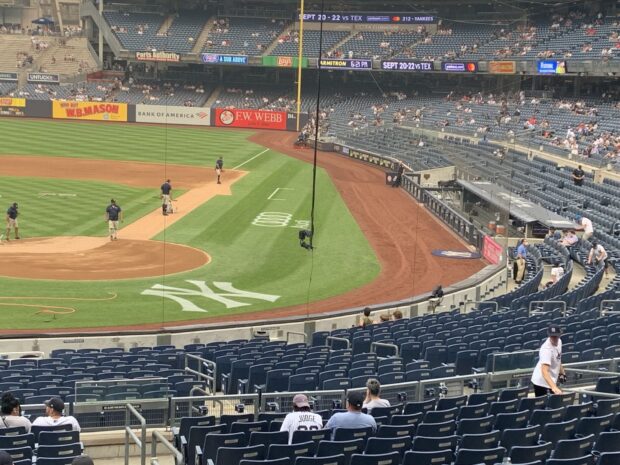 A view of Yankee Stadium baseball field and stands before the game starts