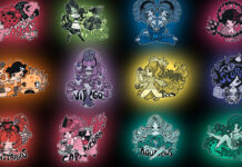 Colorful zodiac signs artwork featuring Aries Taurus Gemini and other zodiac signs in a unique cartoon style