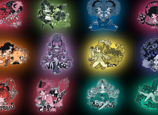 Colorful zodiac signs artwork featuring Aries Taurus Gemini and other zodiac signs in a unique cartoon style